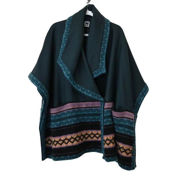 Missoni Poncho Coat Size 4 Green Tribal Collared Virgin Wool Knit Cape Shawl